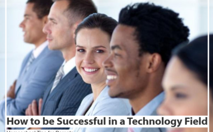 People in technology fields smiling and enjoying their work