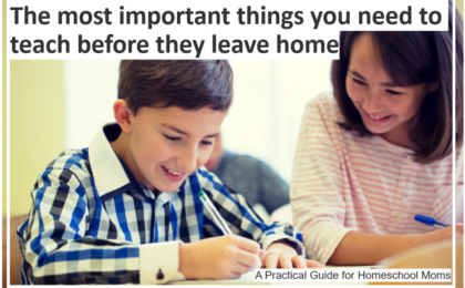 Mom is sitting at home and teaching her son the concept of homeschool