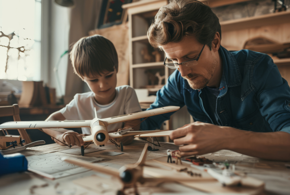 rovide opportunities to experiment with the concepts in a homeschool The boy is making a wooden plane with his father, and the father is guiding him to build the plane.